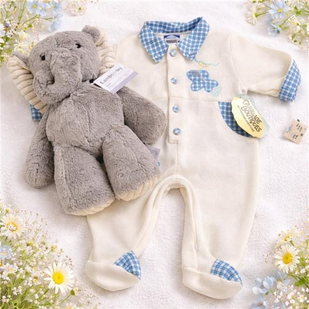Carriage Boutique Baby Footie 3 Mo Knit One Piece Elephant Plush Bundle Gift Set